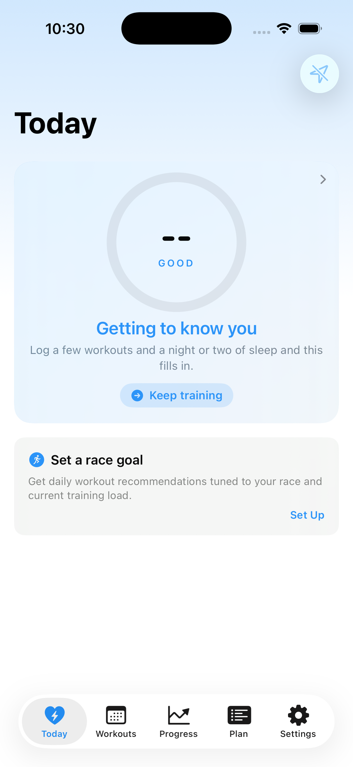 Today tab on a fresh install showing the Getting to know you empty state in place of the rings