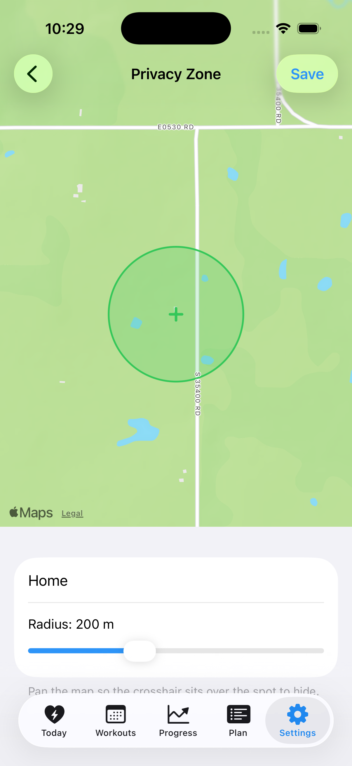 Privacy Zone editor with a crosshair and radius circle drawn on the map above a name field and radius slider