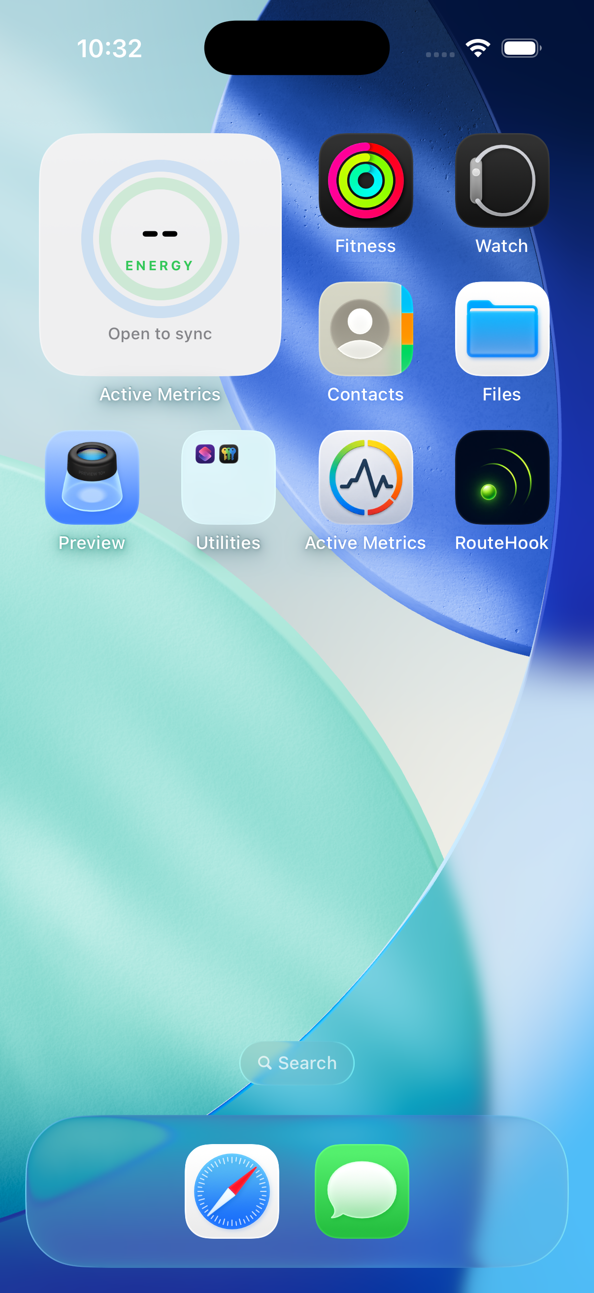 Small Active Metrics energy widget on an iPhone home screen, prompting to open the app to sync