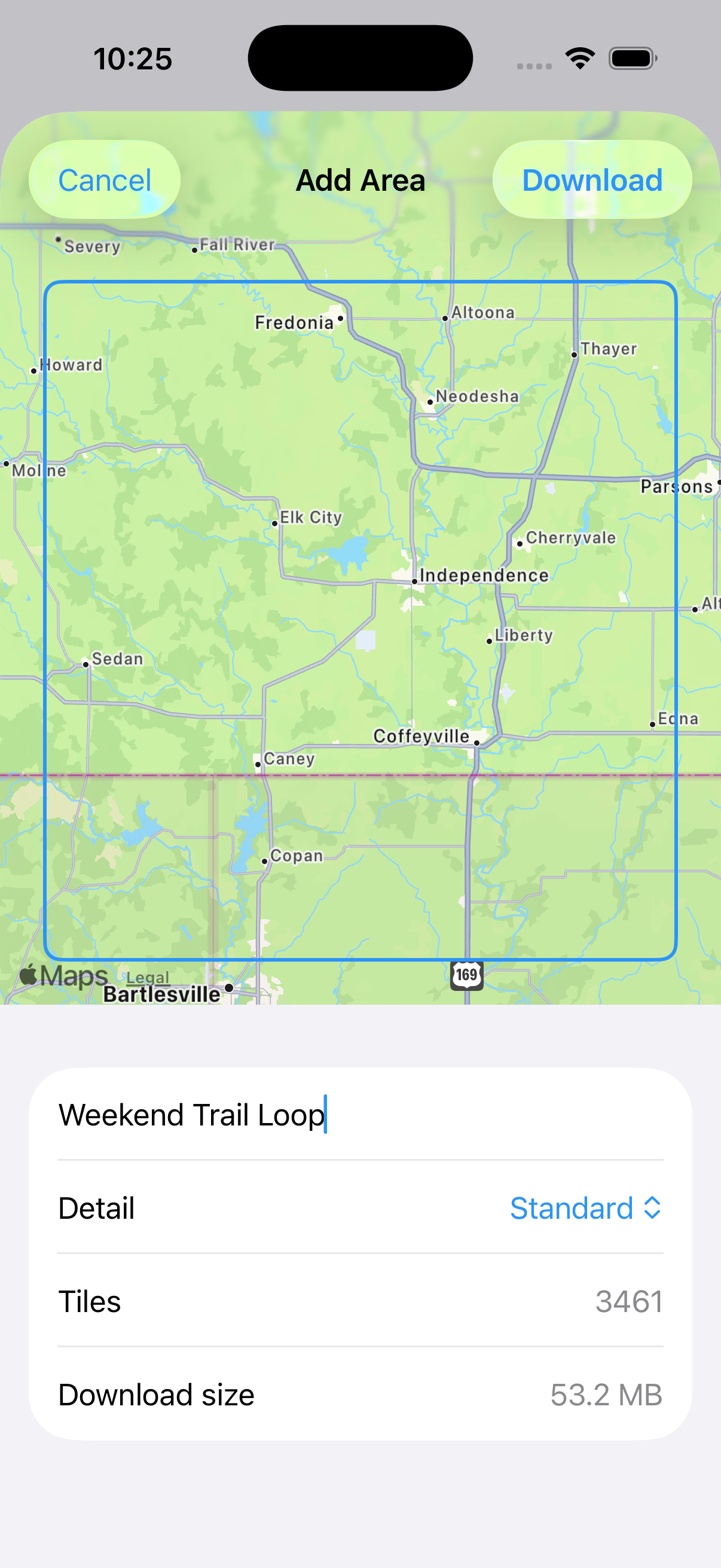 Add Area screen with a selection rectangle framed on the map, a name field, detail level, tile count, and estimated download size