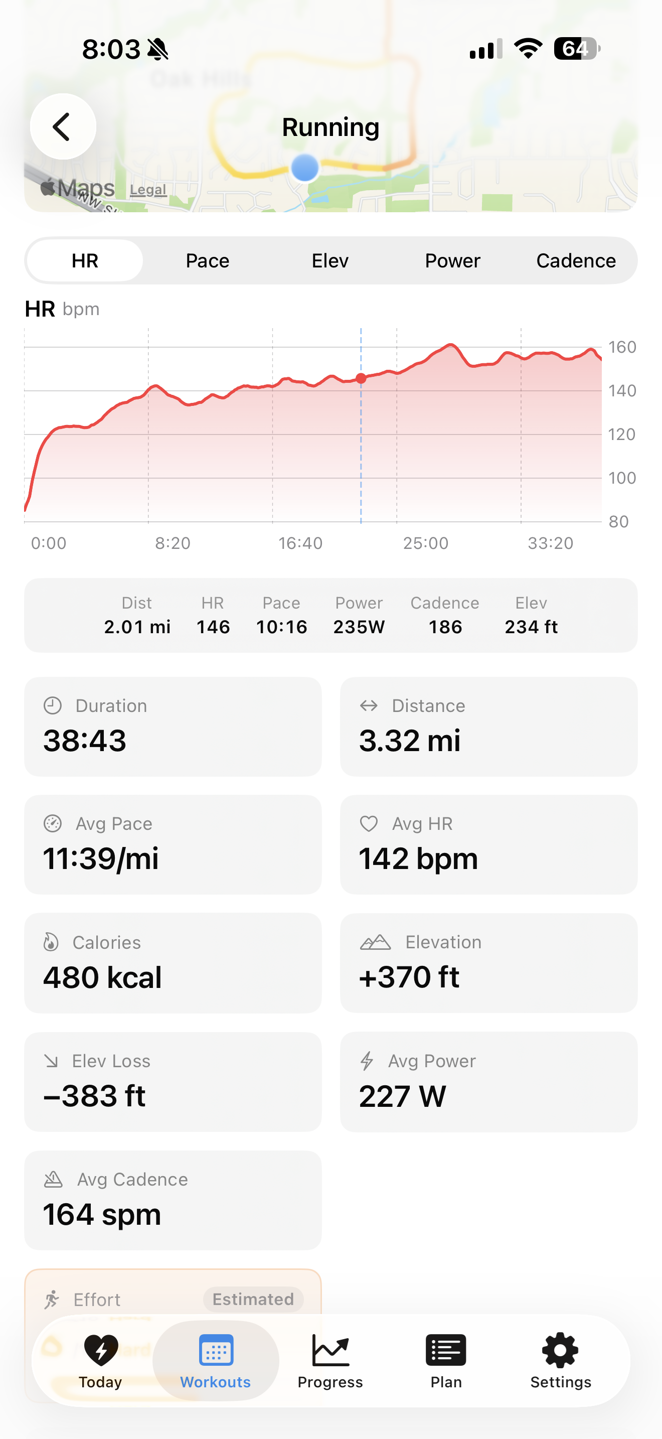 Workout review on iPhone with synced heart-rate chart and route map