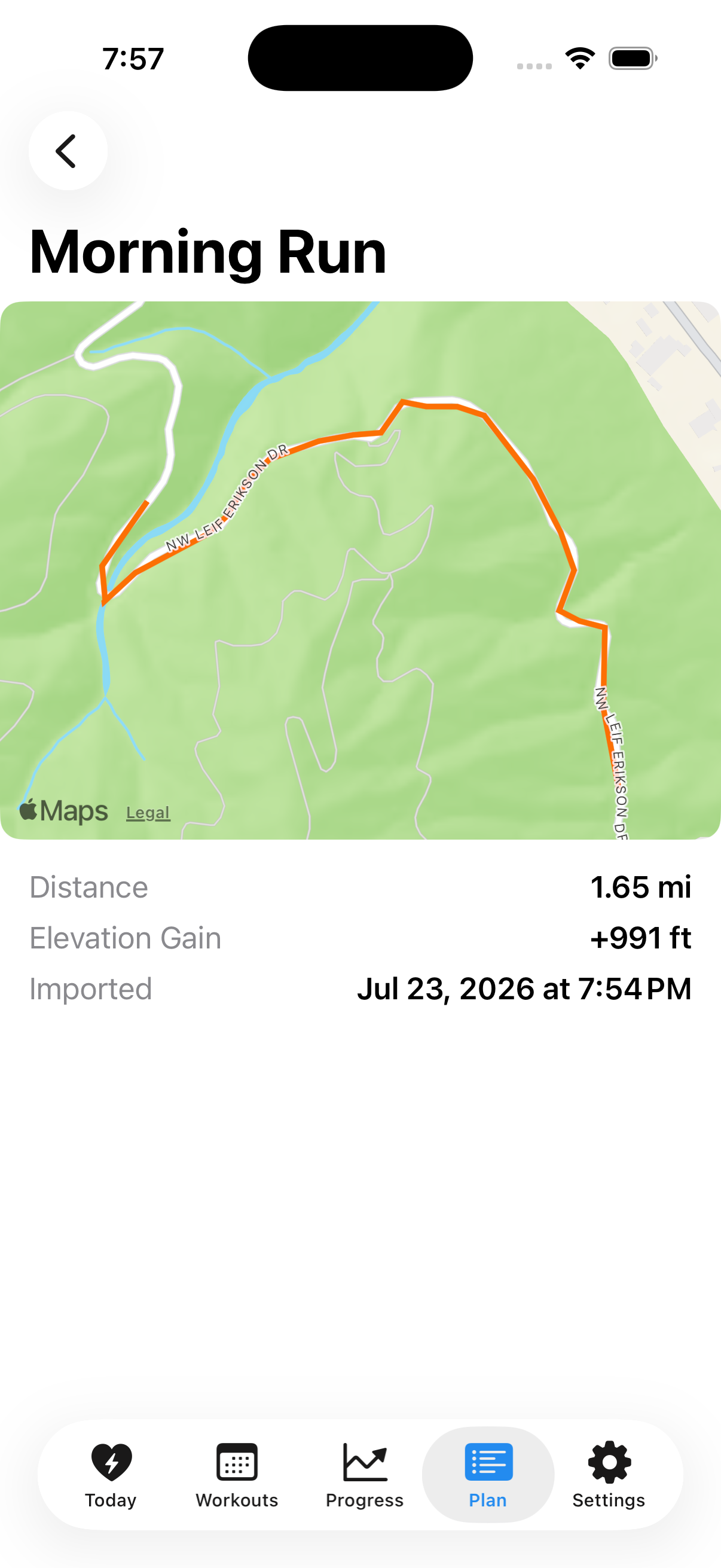 Route detail with an imported trail route on a topographic map