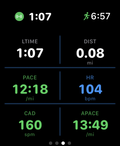 Watch data grid showing lap time, distance, pace, heart rate, and cadence