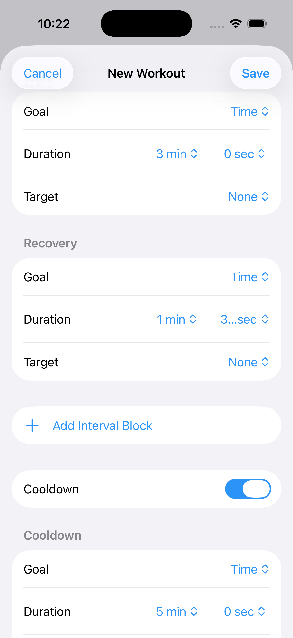 Interval workout editor showing work and recovery steps, the Add Interval Block button, and the cooldown toggle