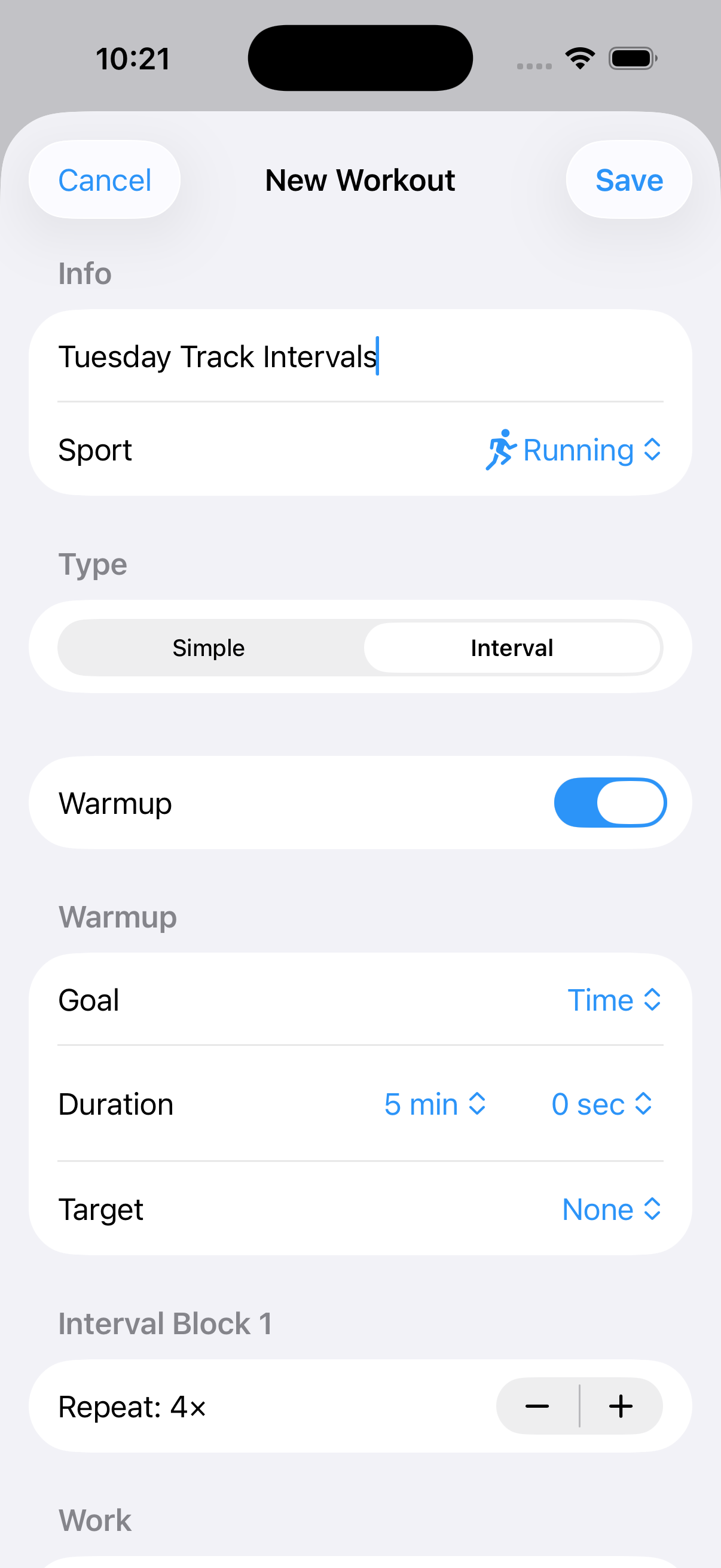 New Workout sheet on iPhone with a named interval workout, sport picker, Simple/Interval toggle, and warmup step